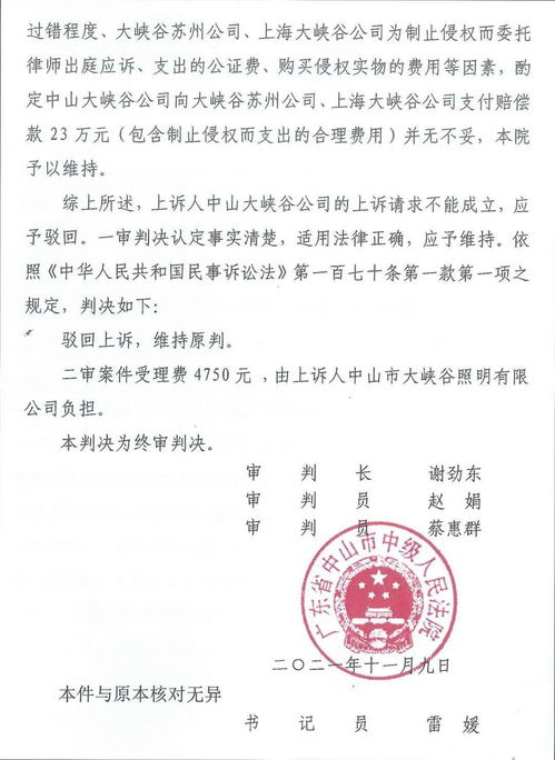 二審終審判決 大峽谷照明系統集團勝訴